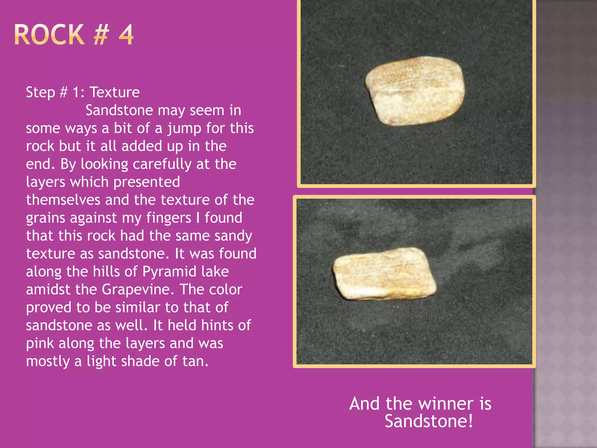 Rock # 4Step # 1: Texture	Sandstone may seem in some ways a bit of a jump for this rock but it all added up in the end. By looking carefully at the layers which presented themselves and the texture of the grains against my fingers I found that this rock had the same sandy texture as sandstone. It was found along the hills of Pyramid lake amidst the Grapevine. The color proved to be similar to that of sandstone as well. It held hints of pink along the layers and was mostly a light shade of tan. And the winner is Sandstone!