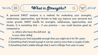 01 What is Strengths?
A personal SWOT analysis is a method for evaluating your strengths,
weaknesses, opportunities, and threats to help you improve your personal and
career growth. SWOT stands for strengths, weaknesses, opportunities, and
threats. It is something that — if you practice — you could become good at,
compared to
others who have the skill and
a.
your other skills2
b.
Something you find enjoyable enough that you might do it for 10+ years
1.
Something that’s broad enough it can be used in more than a couple of jobs
2.
Something that’s stable enough that it won’t change from year to year
3.
 