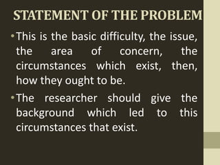 STATEMENT OF THE PROBLEM
•This is the basic difficulty, the issue,
the area of concern, the
circumstances which exist, then,
how they ought to be.
•The researcher should give the
background which led to this
circumstances that exist.
 