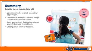 Jens Martensson
Summary
Subtitle lorem ipsum dolor elit
• Lorem ipsum dolor sit amet, consectetur
adipiscing elit.
• Ut fermentum a magna ut eleifend. Integer
convallis suscipit ante eu varius.
• Morbi a purus dolor. Suspendisse sit amet
ipsum finibus justo viverra blandit.
• Ut congue quis tortor eget sodales.
34
 