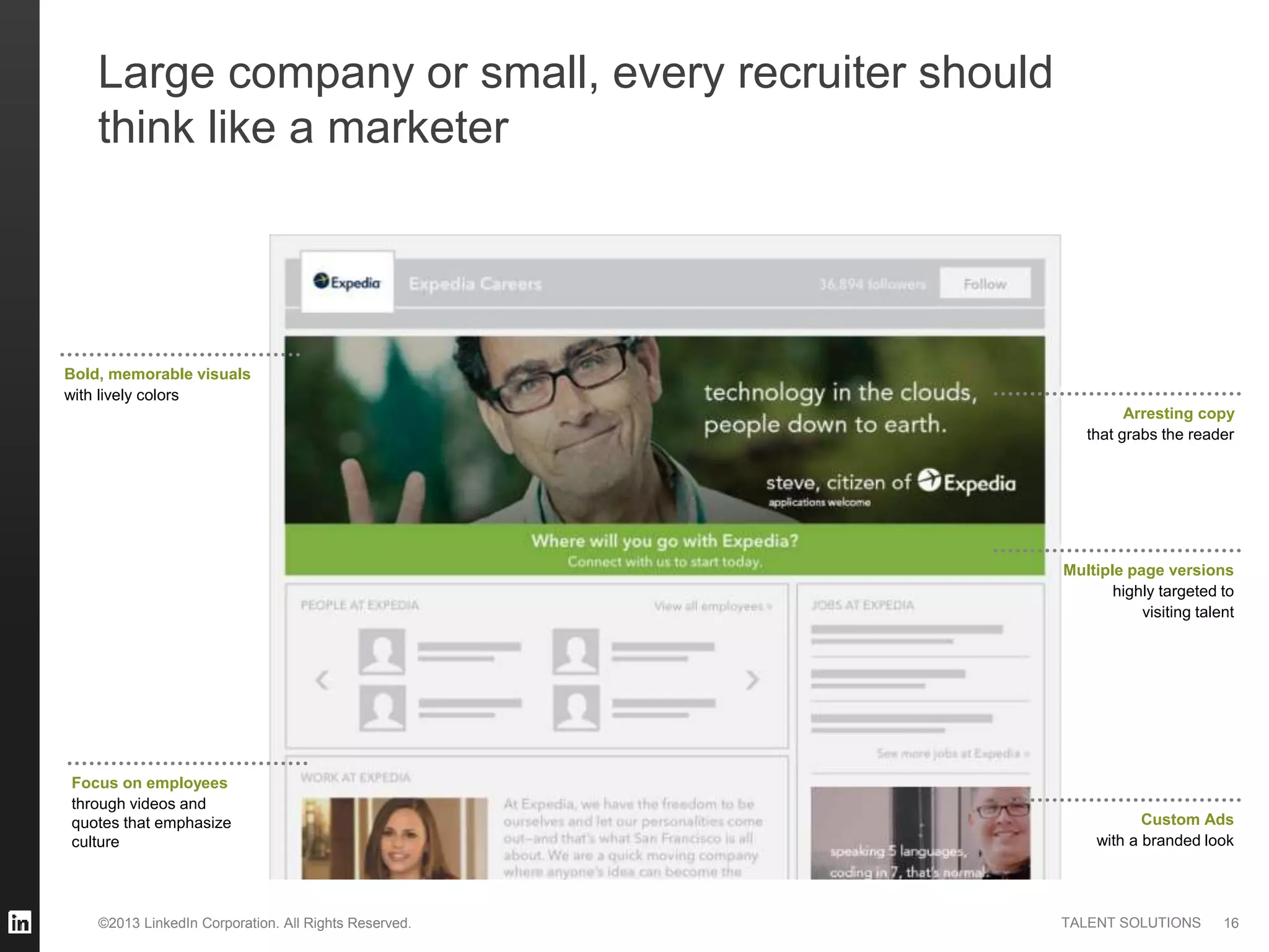 ©2013 LinkedIn Corporation. All Rights Reserved. TALENT SOLUTIONS
Large company or small, every recruiter should
think like a marketer
Bold, memorable visuals
with lively colors
Focus on employees
through videos and
quotes that emphasize
culture
Arresting copy
that grabs the reader
Multiple page versions
highly targeted to
visiting talent
Custom Ads
with a branded look
16
 