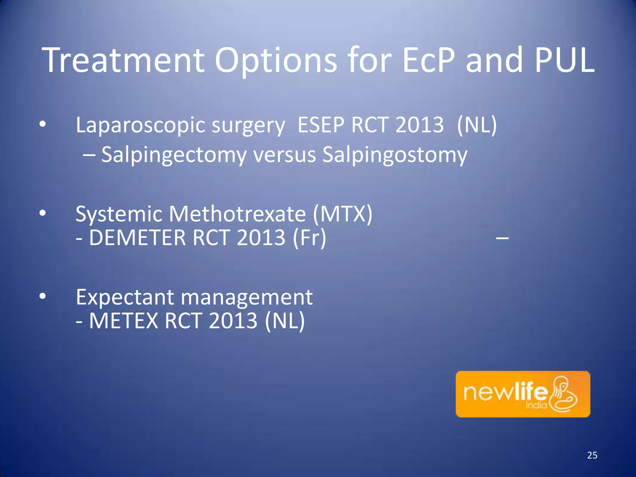 Treatment Options for EcP and PUL
•

Laparoscopic surgery ESEP RCT 2013 (NL)
– Salpingectomy versus Salpingostomy

•

Systemic Methotrexate (MTX)
- DEMETER RCT 2013 (Fr)

•

–

Expectant management
- METEX RCT 2013 (NL)

25

 