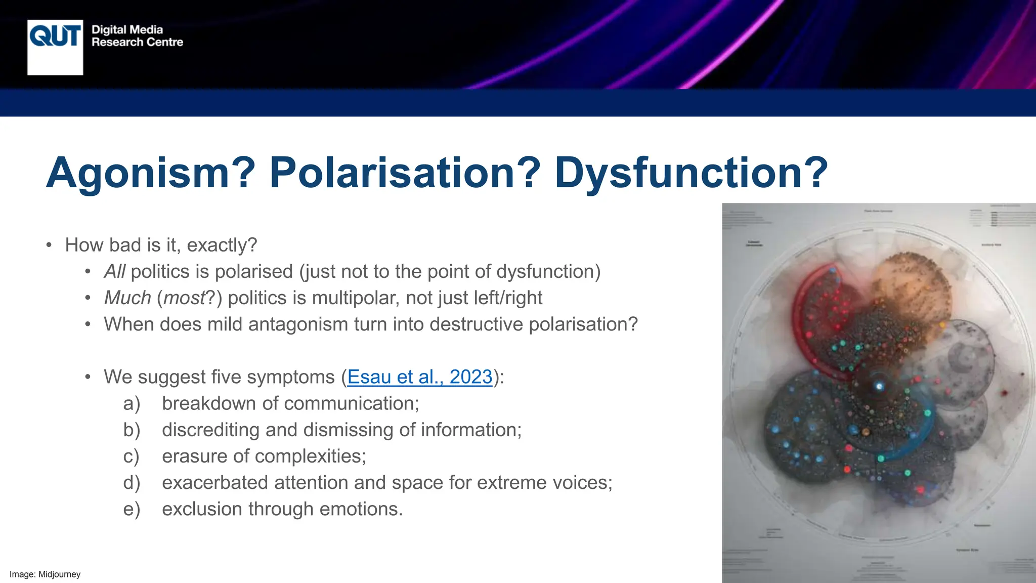 CRICOS No.00213J
Agonism? Polarisation? Dysfunction?
• How bad is it, exactly?
• All politics is polarised (just not to the point of dysfunction)
• Much (most?) politics is multipolar, not just left/right
• When does mild antagonism turn into destructive polarisation?
• We suggest five symptoms (Esau et al., 2023):
a) breakdown of communication;
b) discrediting and dismissing of information;
c) erasure of complexities;
d) exacerbated attention and space for extreme voices;
e) exclusion through emotions.
Image: Midjourney
 