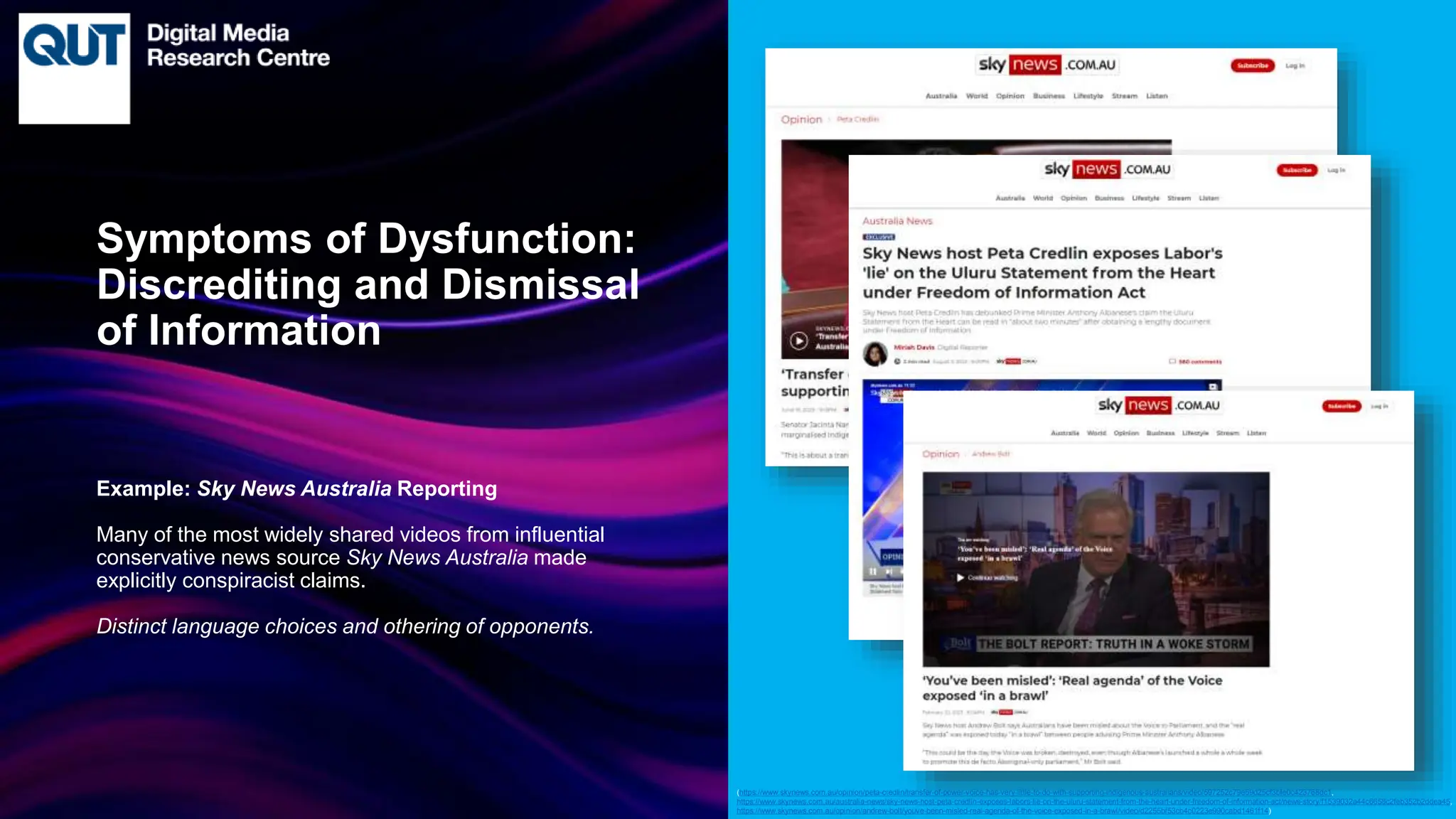CRICOS No.00213J
Example: Sky News Australia Reporting
Many of the most widely shared videos from influential
conservative news source Sky News Australia made
explicitly conspiracist claims.
Distinct language choices and othering of opponents.
Symptoms of Dysfunction:
Discrediting and Dismissal
of Information
(https://www.skynews.com.au/opinion/peta-credlin/transfer-of-power-voice-has-very-little-to-do-with-supporting-indigenous-australians/video/597252c79e59d25cf3bfe0c423768dc1,
https://www.skynews.com.au/australia-news/sky-news-host-peta-credlin-exposes-labors-lie-on-the-uluru-statement-from-the-heart-under-freedom-of-information-act/news-story/f1539032a44c6658c2feb352b2ddea45,
https://www.skynews.com.au/opinion/andrew-bolt/youve-been-misled-real-agenda-of-the-voice-exposed-in-a-brawl/video/d2255bf53cb4c0223e990cabd1461f14)
 