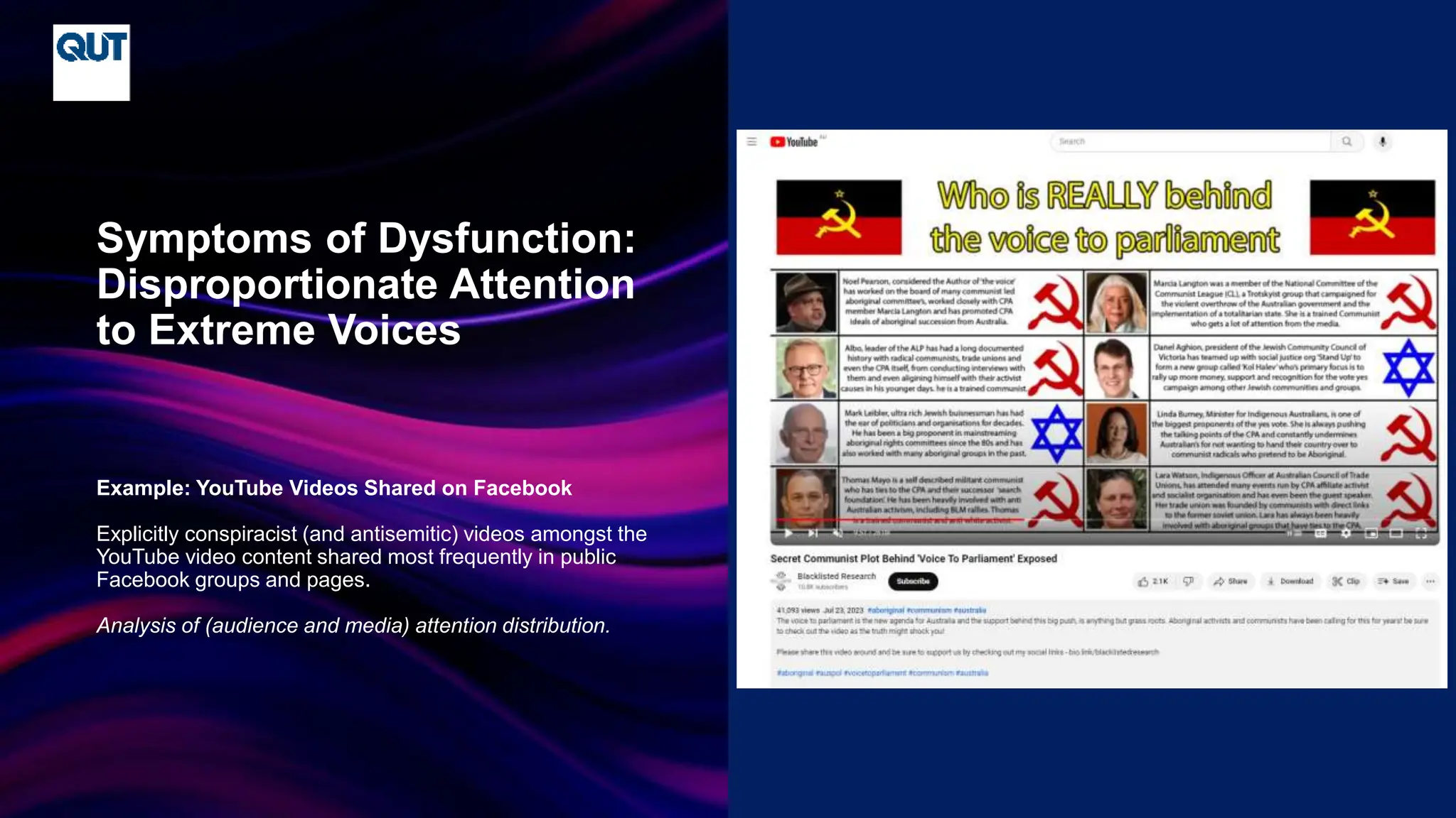 CRICOS No.00213J
Example: YouTube Videos Shared on Facebook
Explicitly conspiracist (and antisemitic) videos amongst the
YouTube video content shared most frequently in public
Facebook groups and pages.
Analysis of (audience and media) attention distribution.
Symptoms of Dysfunction:
Disproportionate Attention
to Extreme Voices
 