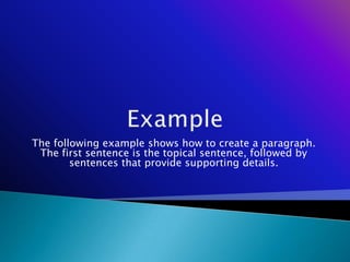 The following example shows how to create a paragraph.
 The first sentence is the topical sentence, followed by
        sentences that provide supporting details.
 