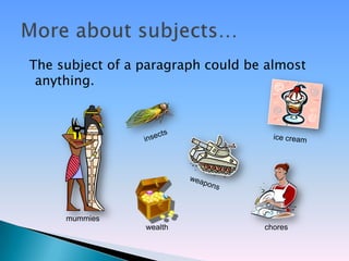 The subject of a paragraph could be almost
 anything.




     mummies
                 wealth            chores
 