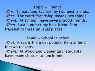 Topic = Friends
Who: Tamara and Eva are my two best friends.
What: The word friendship means two things.
Where: At school I have several good friends.
When: Last summer my best friend Sam
traveled to three unusual places.

            Topic = School Lunches
What: Pizza is the most popular item at lunch
for two reasons.
Where: At Woodland Elementary, students
have many choices at lunchtime.
 