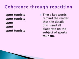 sport tourists      These key words
sport tourists       remind the reader
sport                that the details
sport                discussed all
                     elaborate on the
sport tourists
                     subject of sports
                     tourism.
 