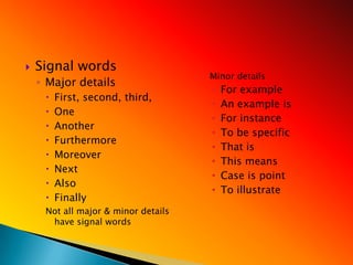    Signal words
                                     o Minor details
    ◦ Major details
                                       •   For example
        First, second, third,
                                       •   An example is
        One
                                       •   For instance
        Another
                                       •   To be specific
        Furthermore
                                       •   That is
        Moreover
                                       •   This means
        Next
                                       •   Case is point
        Also
                                       •   To illustrate
        Finally
     Not all major & minor details
      have signal words
 