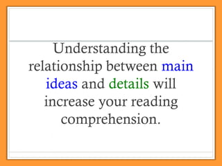 Understanding the
relationship between main
ideas and details will
increase your reading
comprehension.

 