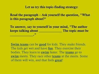 Let us try this topic-finding strategy:
Read the paragraph – Ask yourself the question, "What
is this paragraph about?"
To answer, say to yourself in your mind, "The author
keeps talking about ______________ The topic must be
______________."
Swim teams can be good for kids. They make friends.
The kids get wet and have fun. They exercise their
bodies. They learn to swim faster. The teams go to
swim meets. They race other teams at the meets. Some
of them will win, and that feels great!
 