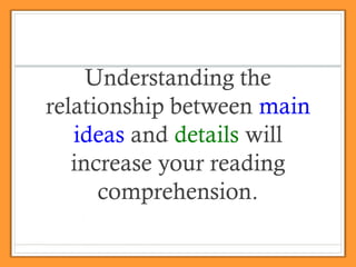 Understanding the
relationship between main
ideas and details will
increase your reading
comprehension.
 