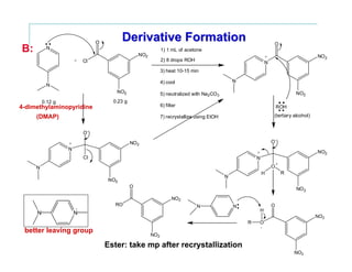 O
                                          Derivative Formation                                                    O
B:        N
                                                   NO2
                                                               1) 1 mL of acetone
                                                                                                             +                         NO 2
                      +    Cl                                  2) 8 drops ROH
                                                                                                             N
                                                               3) heat 10-15 min

                                                               4) cool                           N
          N
                                       NO2                     5) neutralized with Na2CO 3                                   NO2
         0.12 g                       0.23 g
4-dimethylaminopyridine                                        6) filter                                             ROH

     (DMAP)                                                    7) recrystallize using EtOH                        (tertiary alcohol)


                           O-

                  +                            NO 2                                                              O-
                  N
                                                                                                         +                             NO2
                           Cl                                                                            N
                                                                                                                     +
     N                                                                                                           O
                                                                                                             H           R
                                                                                             N
                                    NO2
                                               O
                                                                                                                             NO 2
                                                                     NO2
                                       RO                                       N                N               O
                       +                                                                                 H
     N                N
                                                                                                                                       NO2
                                                                                                     R   O
                                                                                                         +
 better leaving group
                                                         NO2

                                    Ester: take mp after recrystallization
                                                                                                                             NO2
 
