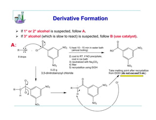 Derivative Formation

         If 1° or 2° alcohol is suspected, follow A.
         If 3° alcohol (which is slow to react) is suspected, follow B (use catalyst).
                            O                                                                        O
A:                                             NO2 1) heat 10 - 15 min in water bath                                     NO2
     R       OH   +   Cl                              (almost boiling)                         RO

     8 drops                                        2) cool to RT. if NO precipitate,
                                                       cool in ice bath
                                                    3) neutralized with Na2CO3
                                       NO2          4) filter                                                  NO2
                                                    5) recrystallize using EtOH
                                      0.23 g                                                  Take melting point after recrystallize
                            3,5-dinitrobenzoyl chloride                                       from EtOH (do not exceed 5 mL )

                                                                O
             O-
                                                                                                    Cl-
                                                           +                            NO2
         +                      NO2
                                                      R    O
R        O
             Cl
                                                           H
         H


                                                                           NO2
                      NO2
 