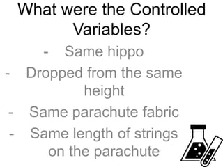 What were the Controlled
Variables?
- Same hippo
- Dropped from the same
height
- Same parachute fabric
- Same length of strings
on the parachute
 