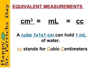 - cm 3   =  mL   =  cc - A  cube 1x1x1 cm  can hold  1 mL  of water. cc  stands for  C ubic  C entimeters EQUIVALENT MEASUREMENTS  