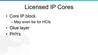 Licensed IP Cores
• Core IP block
– May even be for HCIs
• Glue layer
• PHYs
 