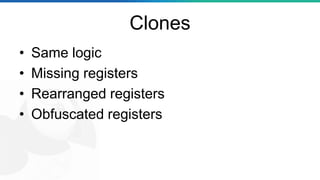 Clones
• Same logic
• Missing registers
• Rearranged registers
• Obfuscated registers
 