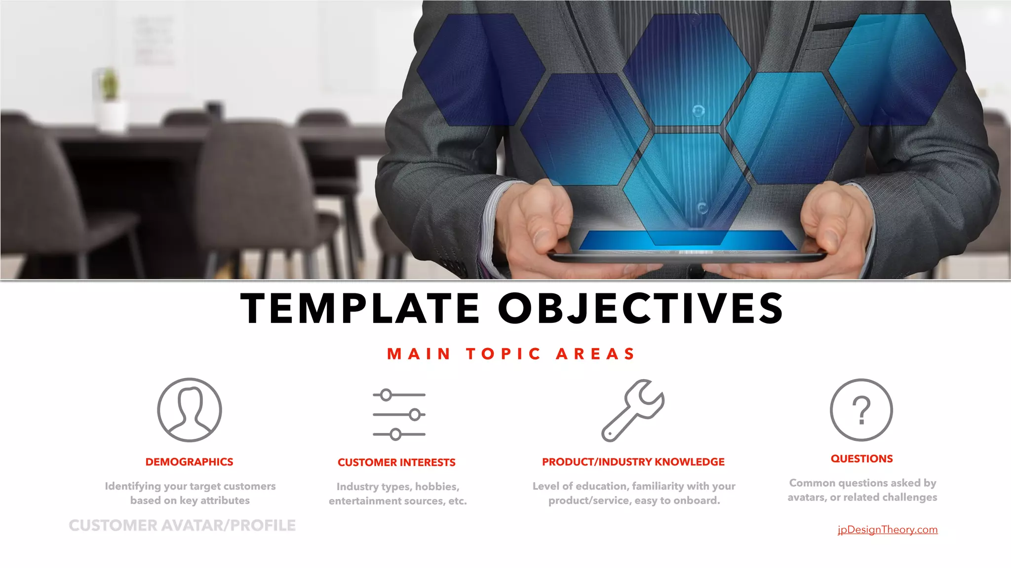 jpDesignTheory.comCUSTOMER AVATAR/PROFILE
3
Industry types, hobbies,  
entertainment sources, etc.
Common questions asked by  
avatars, or related challenges
QUESTIONS
Identifying your target customers 
based on key attributes
DEMOGRAPHICS CUSTOMER INTERESTS
Level of education, familiarity with your  
product/service, easy to onboard.
PRODUCT/INDUSTRY KNOWLEDGE
M A I N T O P I C A R E A S
TEMPLATE OBJECTIVES
 