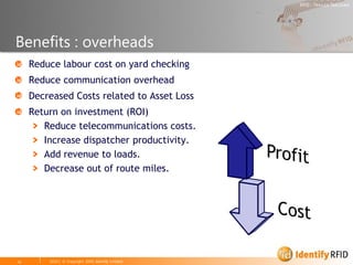 Benefits : overheads
 Reduce labour cost on yard checking
 Reduce communication overhead
 Decreased Costs related to Asset Loss
 Return on investment (ROI)
  > Reduce telecommunications costs.
  > Increase dispatcher productivity.
  > Add revenue to loads.
  > Decrease out of route miles.




     2010 | © Copyright 2005, Identify Limited
 