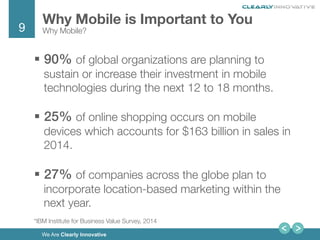 9
We Are Clearly Innovative
Why Mobile is Important to You
Why Mobile?
§  90% of global organizations are planning to
sustain or increase their investment in mobile
technologies during the next 12 to 18 months. 
§  25% of online shopping occurs on mobile
devices which accounts for $163 billion in sales in
2014.
!
§  27% of companies across the globe plan to
incorporate location-based marketing within the
next year.
*IBM Institute for Business Value Survey, 2014
 