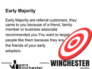 Early Majority
Early Majority are referral customers, they
came to you because of a friend, family
member or business associate
recommended you.You want to target
people like them because they are
the friends of your early
adopters.
 