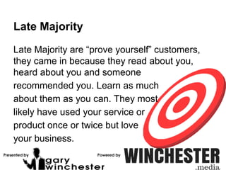 Late Majority
Late Majority are “prove yourself” customers,
they came in because they read about you,
heard about you and someone
recommended you. Learn as much
about them as you can. They most
likely have used your service or
product once or twice but love
your business.
 