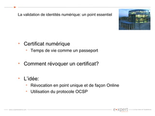 La validation de identités numérique: un point essentiel Certificat numérique Temps de vie comme un passeport Comment révoquer un certificat? L’idée: Révocation en point unique et de façon Online Utilisation du protocole OCSP 