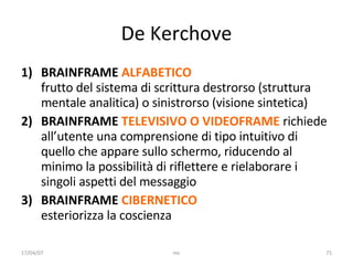 De Kerchove BRAINFRAME  ALFABETICO frutto del sistema di scrittura destrorso (struttura mentale analitica) o sinistrorso (visione sintetica) BRAINFRAME  TELEVISIVO O VIDEOFRAME   richiede all’utente una comprensione di tipo intuitivo di quello che appare sullo schermo, riducendo al minimo la possibilità di riflettere e rielaborare i singoli aspetti del messaggio BRAINFRAME  CIBERNETICO   esteriorizza la coscienza 17/04/07 mc 