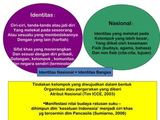 Identitas : 
Ciri-ciri, tanda-tanda atau jati diri 
Yang melekat pada seseorang 
Atau sesuatu yang membedakannya 
Dengan yang lain (harfiah) 
Sifat khas yang menerangkan 
Dan sesuai dengan diri pribadi, 
Golongan, kelompok , komunitas, 
dan negara sendiri (terminologi) 
Nasional : 
Identitas yang melekat pada 
Kelompok yang lebih besar, 
Yang diikat oleh kesamaan 
Fisik (budaya, agama, bahasa) 
Dan non fisik (cita-cita, tujuan) 
Identitas Nasional = Identitas Bangsa 
Tindakan kelompok yang diwujudkan dalam bentuk 
Organisasi atau pergerakan yang diberi 
Atribut Nasional (Tim ICCE, 2003) 
Manifestasi nilai bbuuddaayyaa rraattuussaann ssuukkuu –– 
ddiihhiimmppuunn ddllmm ‘‘kkeessaattuuaann IInnddoonneessiiaa’’ mmeennjjaaddii cciirrii kkhhaass 
yygg tteerrcceerrmmiinn ddllmm PPaannccaassiillaa ((SSuummiiaarrnnoo,, 22000066)) 
 