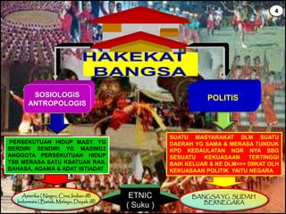 SOSIOLOGIS
ANTROPOLOGIS
PERSEKUTUAN HIDUP MASY. YG
BERDIRI SENDIRI YG MASING2
ANGGOTA PERSEKUTUAN HIDUP
TSB MERASA SATU KSATUAN RAS,
BAHASA, AGAMA & ADAT ISTIADAT
Amerika ( Negro, Cina, Indian dll)
Indonesia ( Batak, Melayu, Dayak dll)
POLITIS
SUATU MASYARAKAT DLM SUATU
DAERAH YG SAMA & MERASA TUNDUK
KPD KEDAULATAN NGR NYA SBG
SESUATU KEKUASAAN TERTINGGI
BAIK KELUAR & KE DLM>>> DIIKAT OLH
KEKUASAAN POLITIK YAITU NEGARA
BANGSA YG SUDAH
BERNEGARA
ETNIC
( Suku )
4
 
