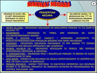 PENGERTIAN
NEGARA
ORGNSSI DI SUATU WIL.
YG MPY KEKUASAAN
TERTINGGI YG SAH &
DITAATI RAKYATNYA
KELOMPOK SOSIAL YG
MENDUDUKI WIL TTT YG
DIORGANISASI DIBAWAH
LEMBAGA POLITIK
1. GEORG JELLINEK : ORGANISASI KEKUASAAN DR SEKELOMPOK MANUSIA YG TLH DIAM DI
WILAYAH TTT
2. KRANENBURG : ORGANISASI YG TIMBUL KRN KEHENDAK DR SUATU
GOLONGAN/BANGSANYA SENDIRI.
3. ROGER F. SOULTAU : ALAT (AGENCY) / WEWENANG (AUTHORITY) YG
MENGATUR/MENGENDALIKAN PERSOALAN BERSAMA ATAS NAMA MASYARAKAT
4. SOENARKO : ORGANISASI KEKUASAAN MASYARAKAT YG MPY DAERAH TTT DIMANA
KEKUASAAN NGR BERLAKU SEPENUHNYA SBG SOVEREIGN.
5. GEORGE WILHELM F.H : ORGANISASI KESUSILAAN YG MUNCUL SBG SINTESIS
KEMERDEKAAN INDIVIDUAL & UNIVERSAL.
6. R. DJOKOSOETONO : ORGANISASI MASY / SEKUMPULAN MANUSIA YG BERADA PD SUATU
PEMERINTAHAN YG SAMA.
7. JEAN BODIN : PERSEKUTUAN KELUARGA DG SEGALA KEPENTINGANNYA YG DIPIMPIN OLH
AKAL DR SUATU KUASA YG BERDAULAT.
8. MIRRIAN BUDIARJO : DAERAH TERITORIAL YG RAKYATNYA DIPERINTAH OLH SEJUMLAH
PEJABAT & YG BERHASIL MENUNTUT DR WARGANYA KETAATAN PD PERUANDANGAN MLL
KONTROL KEKUASAAN SAH.
8
 