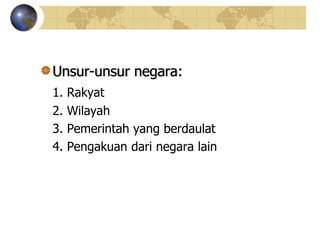 Unsur-unsur negara:
1. Rakyat
2. Wilayah
3. Pemerintah yang berdaulat
4. Pengakuan dari negara lain
 