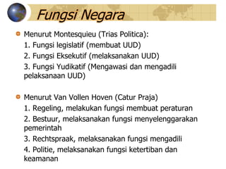 Fungsi Negara
Menurut Montesquieu (Trias Politica):
1. Fungsi legislatif (membuat UUD)
2. Fungsi Eksekutif (melaksanakan UUD)
3. Fungsi Yudikatif (Mengawasi dan mengadili
pelaksanaan UUD)
Menurut Van Vollen Hoven (Catur Praja)
1. Regeling, melakukan fungsi membuat peraturan
2. Bestuur, melaksanakan fungsi menyelenggarakan
pemerintah
3. Rechtspraak, melaksanakan fungsi mengadili
4. Politie, melaksanakan fungsi ketertiban dan
keamanan
 
