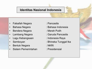 Identitas Nasional Indonesia
• Falsafah Negara : Pancasila
• Bahasa Negara : Bahasa Indonesia
• Bendera Negara : Merah Putih
• Lambang Negara : Garuda Pancasila
• Lagu Kebangsaan : Indonesia Raya
• Semboyan : Bhineka Tunggal Ika
• Bentuk Negara : NKRI
• Sistem Pemerintahan : Presidensial
 