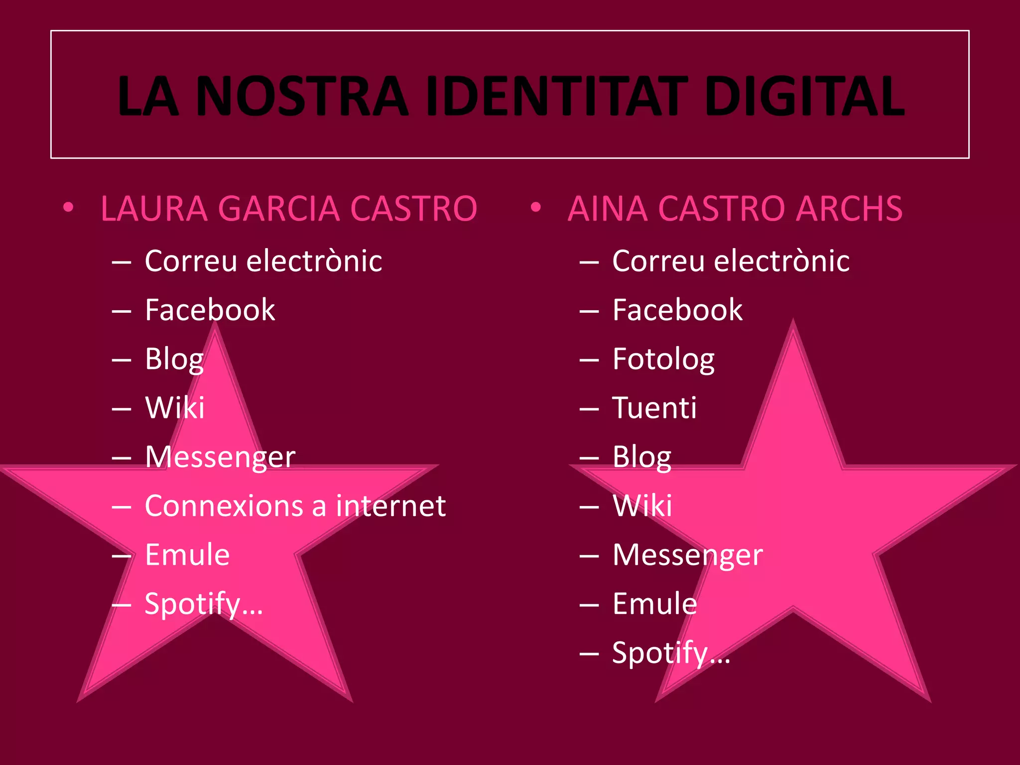 Com es forma  aquesta?LA NOSTRA IDENTITAT DIGITALLAURA GARCIA CASTROCorreuelectrònicFacebookBlogWikiMessengerConnexions a internetEmuleSpotify…AINA CASTRO ARCHSCorreuelectrònicFacebookFotologTuentiBlogWikiMessengerEmuleSpotify…