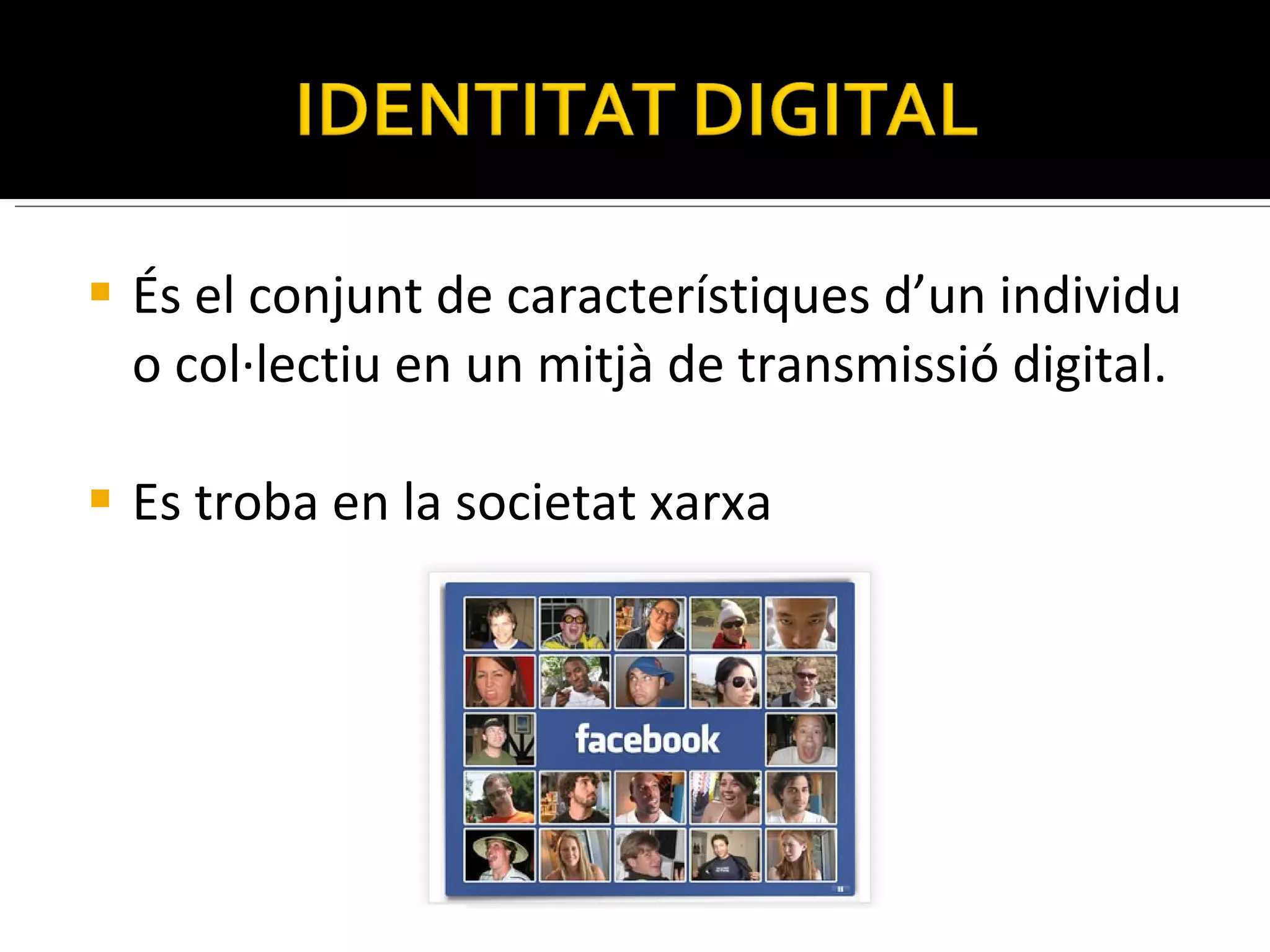És el conjunt de característiques d’un individu o col·lectiu en un mitjà de transmissió digital. Es troba en la societat xarxa 