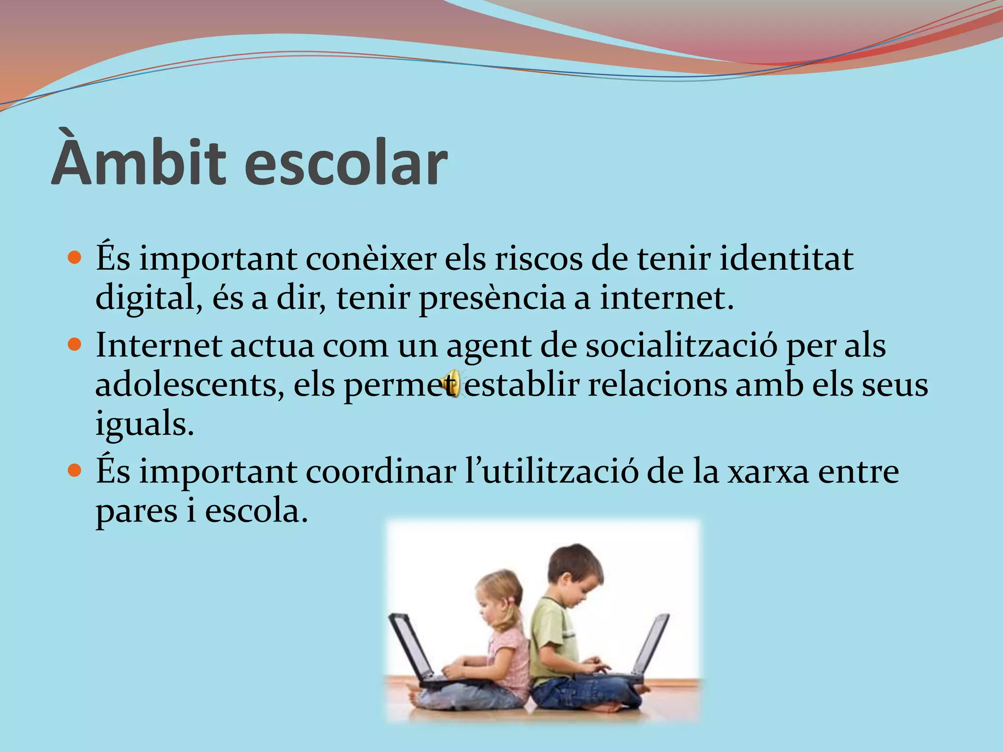 Àmbit escolarÉs important conèixer els riscos de tenir identitat digital, és a dir, tenir presència a internet. Internet actua com un agent de socialització per als adolescents, els permet establir relacions amb els seus iguals. És important coordinar l’utilització de la xarxa entre pares i escola. 