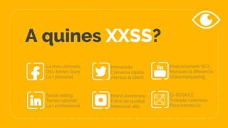 A quines XXSS?
La més utilitzada.
Oci i temps lliure
La + personal
Social selling
Temes laborals
La + professional
Immediata
Conversa ràpida
Atenció al client
Brand awareness
Fotos de qualitat
Interacció alta
Posicionament SEO
Marques la diferència
Videomàrqueting
És GOOGLE
Trobada i valorada
Poca interacció
 