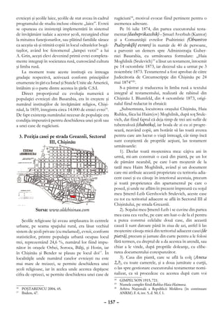 evreieşti şi şcolile laice, şcolile de stat aveau în cadrul   rugăciuni18, motivul evocat fiind pertinent pentru o
programului de studiu incluse obiecte „laice”. Evreii         asemenea adresare.
se opuneau cu insistenţă implementării în sistemul                Pe 16 iulie 1874, din partea executorului testa-
de învăţământ iudaic a acestor şcoli, recurgând chiar         mentar (dusheprikazchik) – Şmuel Averbuh (Kantor)
la mituirea funcţionarilor, sau plătind familiile sărace      şi a Comunităţii evreilor Psaltirinici (Obwestvo
ca aceştia să-şi trimită copiii în locul odraslelor bogă-     Psaltyrski[h] evreev) în număr de 40 de persoane,
taşilor, având loc fenomenul „lampei verzi” a lui             a parvenit un demers spre Administraţia Guber-
A. Grin, aceşti elevi devenind primii evrei completa-         niei Basarabia, cu următoarea formulare: „Haia
mente integraţi în societatea rusă, cunoscând cultura         Moghilnik (Srulevich)19 a lăsat un testament, întocmit
şi limba rusă.                                                pe 14 octombrie 1873, iar decesul său a urmat pe 3
    La moment toate aceste instituţii cu întreaga             noiembrie 1873. Testamentul a fost aprobat de către
gradaţie respectivă, activează conform principiilor           Judecătoria de Circumscripţie din Chişinău pe 24
enumerate în ţări ca Israel şi Statele Unite ale Americii,    mai 1874”20.
întâlnim şi o parte dintre acestea în ţările C.S.I.               S-a păstrat şi traducerea în limba rusă a textului
    Direct proporţional cu evoluţia numerică a                integral al testamentului, realizată de rabinul din
populaţiei evreieşti din Basarabia, era în creştere şi        Chişinău I. Blumfeld, din 4 octombrie 1873, origi-
numărul instituţiilor de învăţământ religios, Chişi-          nalul fiind redactat în ebraică:
năul, la 1859, înregistra circa 14.000 de etnici evrei16.         „Subsemnata, locuitorea oraşului Chişinău, Haia
De fapt existenţa numărului necesar de populaţie era          Ruhlea, fiica lui Haim(ov) Moghilnik, după soţ Srule-
condiţia imperativă pentru deschiderea unei şcoli sau         vich, dat fiind faptul că deja timp de trei ani sufăr de
a unei case de rugăciuni.                                     tuberculoză (chahotka), iar boala de zi cu zi progre-
                                                              sează, neavând copii, am hotărât să las toată averea
     3. Poziţia casei pe strada Greaznîi, Sectorul            pentru care am lucrat o viaţă întreagă, cât timp încă
                      III, Chişinău                           sunt conştientă de propriile acţiuni, las testament
                                                              următoarele:
                                                                  1). Declar toată moştenirea mea: câţiva ani în
                                                              urmă, mi-am construit o casă din piatră, pe un lot
                                                              de pământ nearabil, pe care l-am moştenit de la
                                                              tatăl meu Haim Moghilnik, având şi un document
                                                              care-mi atribuie această proprietate cu teritoriu adia-
                                                              cent casei şi cu căsuţe în interiorul acestuia, precum
                                                              şi toată proprietatea din apartamentul pe care o
                                                              posed, şi unde ne aflăm în prezent împreună cu soţul
                                                              meu Şmerel-Leib Gershovich Srulevich, aceste case
                                                              cu tot cu teritoriul adiacent se află în Sectorul III al
                                                              Chişinăului, pe strada Greaznîi.
             Sursa: www.oldchisinau.com                           2). Soţului meu Şmerel-Leib i se cuvine din partea
                                                              mea casa cea veche, pe care am luat-o de la el pentru
    Şcolile religioase îşi aveau amplasarea în centrele       a putea construi celelalte două case, din această
urbane, pe seama spaţiului rural, era lăsat vechiul           cauză îi sunt datoare până în ziua de azi, astfel îi las
sistem de şcoli private (cu melamed), evreii, conform         moştenire căsuţa mică din teritoriul adiacent casei (de
statisticilor, printre populaţia urbană ocupau locul          piatră), precum şi jumate din curte pentru a le folosi
trei, reprezentând 24,6 %, numărul lor fiind impu-            fără termen, cu dreptul de a da acestea în arendă, sau
nător în oraşele Orhei, Soroca, Bălţi, şi Hotin, iar          chiar a le vinde, după propriile doleanţe, cu elibe-
în Chişinău şi Bender se plasau pe locul doi17. În            rarea documentului corespunzător.
localităţile unde numărul caselor evreieşti nu este               3). Casa din piatră, care se află la colţ (Anexa
mai mare de treizeci, se permite deschiderea unei             2,3), cu toate camerele, şi a doua jumătate a curţii,
şcoli religioase, iar în acelea unde acestea depăşesc         o las spre gestionare executorului testamentar nomi-
cifra de optzeci, se permite deschiderea unei case de         nalizat, ca să procedeze cu acestea după cum voi
                                                              18
                                                                	 GIMPEL’SON 1915, 721.
                                                              19
                                                                	 Numele complet fiind Ruhlea-Haia Haimova.
 	 POŞTARENCU 2004, 45.
16                                                            20
                                                                	 Arhiva Naţională a Republicii Moldova (în continuare
 	 Ibidem, 47.
17
                                                                  ANRM), F. 6, inv. 5, d. 50, f. 1.

                                                       – 157 –
 