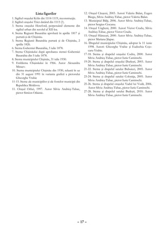 Lista figurilor                           12. Oraşul Căuşeni, 2003. Autori Valeriu Balan, Eugen
1. Sigiliul oraşului Köln din 1114-1119, reconstrucţie.          Bâzgu, Silviu Andrieş-Tabac, pictor Valeriu Balan.
2. Sigiliul oraşului Trier datând din 1113 (?).               13. Municipiul Bălţi, 2006. Autor Silviu Andrieş-Tabac,
3. Stema oraşului Hereford, perpetuând elemente din              pictor Sergius Ciocanu.
    sigiliul urban din secolul al XII-lea.                    14. Oraşul Ungheni, 2000. Autori Victor Crudu, Silviu
4. Stema Regiunii Basarabia aprobată în aprilie 1817 şi          Andrieş-Tabac, pictor Victor Crudu.
    purtată şi de Chişinău.                                   15. Oraşul Hânceşti, 2000. Autor Silviu Andrieş-Tabac,
5. Stema Regiunii Basarabia purtată şi de Chişinău, 2            pictor Mariana Şlapac.
    aprilie 1826.                                             16. Drapelul municipiului Chişinău, adoptat la 11 iunie
6. Stema Guberniei Basarabia, 5 iulie 1878.                      1998. Autori: Gheorghe Vrabie şi Eudochia Cojo-
7. Stema Chişinăului după aprobarea stemei Guberniei             caru-Vrabie.
    Basarabia din 5 iulie 1878.                               17-18. Stema şi drapelul oraşului Codru, 2000. Autor
8. Stema municipiului Chişinău, 31 iulie 1930.                   Silviu Andrieş-Tabac, pictor Iurie Caminschi.
9. Emblema Chişinăului în 1966. Autor Alexandru               19-20. Stema şi drapelul oraşului Durleşti, 2003. Autor
    Minaev.                                                      Silviu Andrieş-Tabac, pictor Iurie Caminschi.
10. Stema municipiului Chişinău din 1930, reluată în uz       21-22. Stema şi drapelul satului Bubuieci, 2005. Autor
    din 31 august 1991 în varianta grafică a pictorului          Silviu Andrieş-Tabac, pictor Iurie Caminschi.
    Gheorghe Vrabie                                           23-24. Stema şi drapelul satului Coloniţa, 2005. Autor
11-15. Steme ale municipiilor şi ale fostelor municipii din      Silviu Andrieş-Tabac, pictor Iurie Caminschi.
    Republica Moldova:                                        25-26. Stema şi drapelul oraşului Vadul lui Vodă, 2006.
11. Oraşul Orhei, 1997. Autor Silviu Andrieş-Tabac,              Autor Silviu Andrieş-Tabac, pictor Iurie Caminschi.
    pictor Simion Odainic.                                    27-28. Stema şi drapelul satului Budeşti, 2010. Autor
                                                                 Silviu Andrieş-Tabac, pictor Iurie Caminschi.




                                                        – 17 –
 