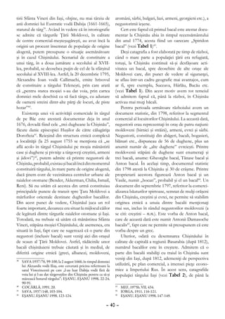 tirii Sfânta Vineri din Iaşi, obţine, nu mai târziu de               aromâni, sârbi, bulgari, lazi, armeni, georgieni etc.), a
anii domniei lui Eustratie vodă Dabija (1661-1665),                  negustorimii ieşene.
statutul de târg39. Având în vedere că în istoriografie                  Cert este faptul că primul bacal este atestat docu-
se admite că târgurile Ţării Moldovei, în calitate                   mentar la Chişinău abia în timpul recensământului
de centre comercial-meşteşugăreşti, au avut încă la                  din anul 1774, acesta fiind un oarecare „Spiridon
origini un procent însemnat de populaţie de origine                  bacal” (vezi Tabel 1)43.
alogenă, putem presupune o situaţie asemănătoare                         Deşi catagrafia a fost elaborată pe timp de război,
şi în cazul Chişinăului. Scenariul de constituire a                  când o mare parte a populaţiei ţării era refugiată,
unui târg, în a doua jumătate a secolului al XVII-                   totuşi, la Chişinău continuă să-şi desfăşoare acti-
lea, probabil, se deosebea puţin de cel de la sfârşitul              vitatea un bacal, spre deosebire de alte oraşe ale
secolului al XVIII-lea. Astfel, la 20 decembrie 1795,                Moldovei care, din punct de vedere al siguranţei,
Alexandru Ioan vodă Callimachi, emite hrisovul                       se aflau într-un cadru geografic mai avantajos, cum
de constituire a târgului Teleneşti, prin care arată                 ar fi, spre exemplu, Suceava, Hârlău, Bacău etc.
că „pentru starea moşiei s-au dat voia, prin cartea                  (vezi Tabel 1). Din acest motiv avem tot temeiul
domniei mele deschisă ca să facă târgu, cu adunare                   să admitem faptul că, până la război, în Chişinău
de oameni streini dintr-alte părţi de locuri, de piste               activau mai muţi băcali.
hotar”40.                                                                Pentru perioada următoare războiului avem un
    Existenţa unei vii activităţii comerciale în târgul              document statistic, din 1798, referitor la segmentul
de pe Bâc este atestată documentar deja în anul                      comercial al locuitorilor Chişinăului. La această dată,
1676, dovadă fiind cele „trei dugheane la Chişinău”,                 negustorii erau reprezentaţi în oraş de patru naţiuni:
făcute danie episcopiei Huşilor de către călugăriţa                  moldoveni (birnici şi străini), armeni, evrei şi sârbi.
Dorofteia41. Reieşind din structura etnică complexă                  Negustorii, constituiţi din abăgeri, bacali, bogasieri,
a localităţii (la 25 august 1755 se menţiona că „se                  blănari etc., dispuneau de 56 de dughene, plus un
află acolo în târgul Chişinăului pe moşia mănăstirii                 anumit număr de „alte dughene” evreieşti. Printre
case şi dughene şi pivniţe a târgoveţi creştini, armeni              moldovenii stăpâni de dughene sunt enumeraţi şi
şi jidovi”)42, putem admite că printre negustorii de                 trei bacali, anume: Gheorghe bacal, Tănase bacal şi
Chişinău, probabil, existau şi bacali încă din momentul              Anton bacal. În acelaşi timp, documentul statistic
constituirii târgului, în mare parte de origine alogenă,             din 1798 atestă la Chişinău şi 30 de crâşme. Printre
dacă ţinem cont de vecinătatea centrelor urbane ale                  proprietarii acestora figurează Anton bacal şi un
raialelor otomane (Bender, Akkerman, Chilia, Ismail,                 Vasile, numit „bocan”, probabil şi el un bacal44. Un
Reni). Să nu uităm că acestea din urmă constituiau                   document din septembrie 1797, referitor la comerci-
principalele puncte de tranzit spre Ţara Moldovei a                  alizarea băuturilor spirtoase, semnat de mulţi orăşeni
mărfurilor orientale destinate dughenilor bacalilor.                 din Chişinău, creştini şi evrei, ne permite să stabilim
Din acest punct de vedere, Chişinăul juca un rol                     originea etnică a unuia dintre bacalii menţionaţi
foarte important, deoarece era situat la mijlocul căilor             mai sus, inclus în rândul negustorilor moldoveni (a
de legătură dintre târgurile raialelor otomane şi Iaşi.              se citi: creştini – n.n.). Este vorba de Anton bacal,
Totodată, nu trebuie să uităm că mănăstirea Sfânta                   care de această dată este numit Antonii Damasoche
Vineri, stăpâna moşiei Chişinăului, de asemenea, era                 bacalis45, fapt care ne permite să presupunem că este
situată în Iaşi, fapt care ne sugerează că o parte din               vorba despre un grec.
negustori (inclusiv bacali) sunt veniţi aici din oraşul                  Ulterior, odată cu desemnarea Chişinăului în
de scaun al Ţării Moldovei. Astfel, rădăcinile unor                  calitate de capitală a regiunii Basarabia (după 1812),
bacali chişinăuieni trebuie căutată şi în mediul, de                 numărul bacalilor este în creştere. Admitem că o
diferită origine etnică (greci, albanezi, moldoveni,                 parte din bacalii stabiliţi cu traiul în Chişinău sunt
                                                                     veniţi din Iaşi, după 1812, ademeniţi de perspectiva
39
  	 SAVA 1937/76, 99-100, la 2 august 1666, în timpul domniei
    lui Alexandu vodă Iliaş, este cercetată pricina referitoare la   utilizării, pe plan comercial, a imensei pieţe econo-
    satul Visterincenii pe care „l-au luat Dabija vodă fără de       mice a Imperiului Rus. În acest sens, catagrafiile
    voia lui şi l-au dat târgoveţilor din Chişinău pentru ca să-şi   populaţiei târgului Iaşi (vezi Tabel 2), de până la
    mărească hotarul târgului”; EŞANU, EŞANU 1998, 22-24,
    90-91.
40
  	 COCÂRLĂ, 1991, 20.                                               43
                                                                       	 MEF, 1975b, VII, 434.
41
  	 SAVA, 1937/148, 103-104.                                         44
                                                                       	 IORGA, 1911, 116-121.
42
  	 EŞANU, EŞANU 1998, 123-124.                                      45
                                                                       	 EŞANU, EŞANU 1998, 147-149.

                                                               – 40 –
 