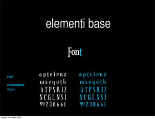 elementi base

                                          Font

      FONT
                         aptcirnz            aptcirnz
      EUPHORIGENIC
                         msequtb             msequtb
      Regular            ATPSRIZ             ATPSRIZ
                         NCGLNSI             NCGLNSI
                         99 2 3 8 6 6 1      99 2 3 8 6 6 1
martedì 19 maggio 2009
 