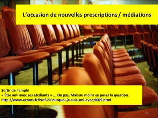L’occasion de nouvelles prescriptions / médiations Sortir de l’amphi « Être ami avec ses étudiants » ... Ou pas. Mais au moins se poser la question http://www.ecrans.fr/Prof-2-Pourquoi-je-suis-ami-avec,9609.html   