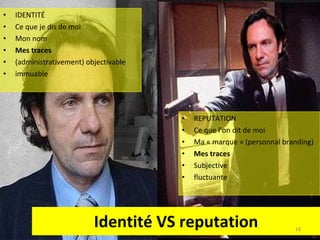 REPUTATION Ce que l’on dit de moi Ma « marque » (personnal branding) Mes traces Subjective fluctuante IDENTITÉ Ce que je dis de moi Mon nom Mes traces (administrativement) objectivable immuable Identité VS reputation 