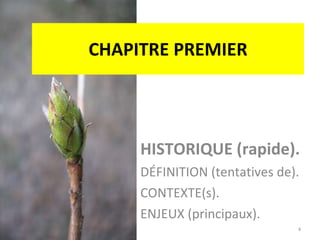 CHAPITRE PREMIER HISTORIQUE (rapide).  DÉFINITION (tentatives de).  CONTEXTE(s).  ENJEUX (principaux). 