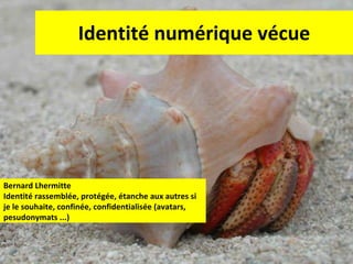 Identité numérique vécue Bernard Lhermitte Identité rassemblée, protégée, étanche aux autres si je le souhaite, confinée, confidentialisée (avatars, pesudonymats ...) 
