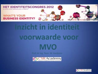Inzicht in identiteit
  voorwaarde voor
        MVO
     Prof. dr Ing. Teun. W. Hardjono
 
