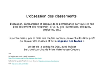 L’obsession des classements  Évaluation, comparaison et critique de la performance par tous (et non plus seulement des «experts», c.-à.-d. des journalistes, critiques, analystes, etc.) Les entreprises, par le biais des médias sociaux, peuvent-elles tirer profit du pouvoir des masses et de la  sagesse des foules  ? Le cas de la companie DELL avec Twitter Le crowdsourcing de Price Waterhouse Coopers Voir La sagesse des foules (James Surowiecki) http://fr.wikipedia.org/wiki/La_Sagesse_des_foules Le Digital Compass de Price Waterhouse Coopers:  http://pwc-compass.chaordix.com / Dell:  http://www.dell.com/twitter 